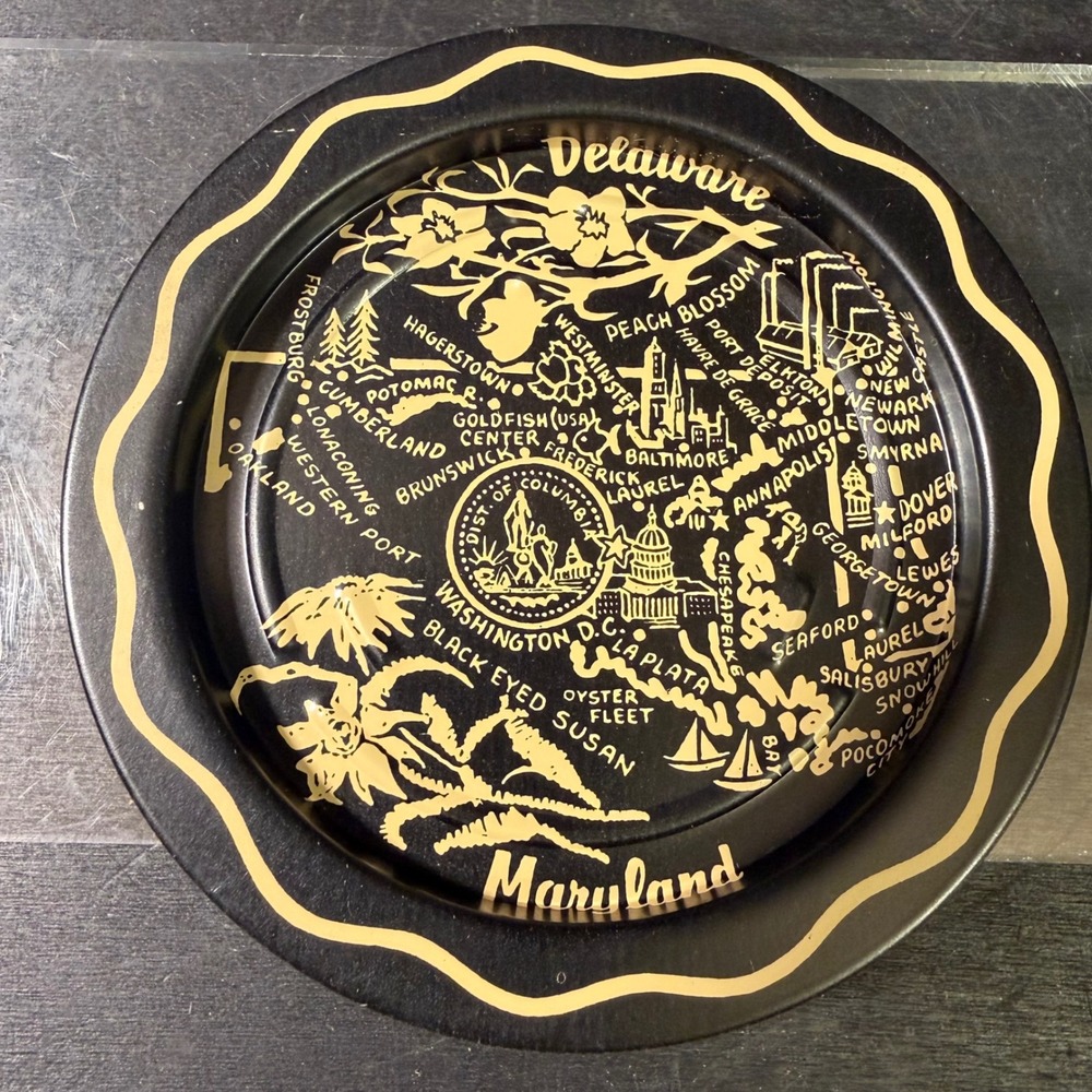 Vintage Maryland Delaware Washington DC Map Metal Coaster Set 6 Piece Black Gold